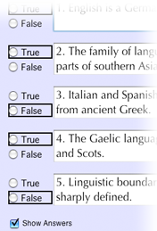 True/False quiz with answers showing.