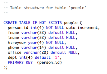 A create table statement as exported from MySQL