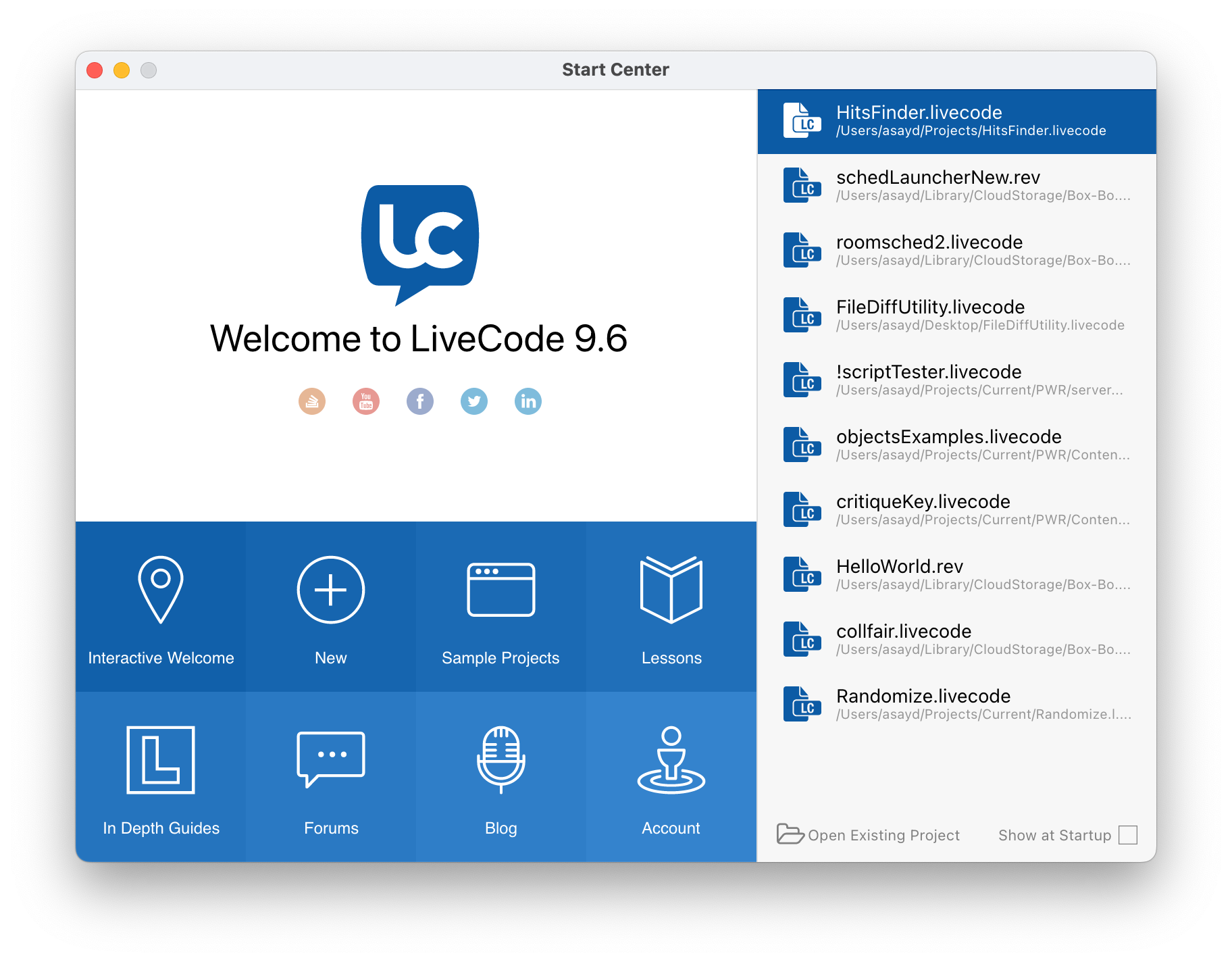 LiveCode Start Center
